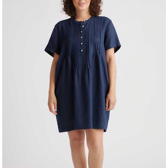 Quince 100% European Linen Short Sleeve Swing Dress Deep Navy Size L - Picture 1 of 8